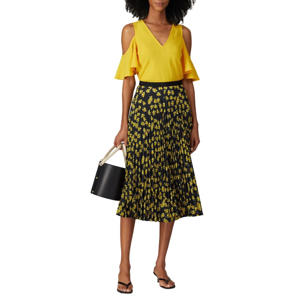 Derek Lam 10 Crosby Black Yellow Floral Pleated Midi Skirt NWOT Sz 42 / US 10